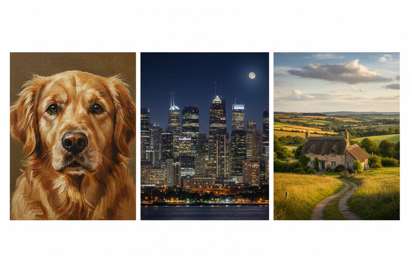 De muur achtergrond mag weg. Het mag puur de drie stijlen naast elkaar geplakt zijn. En de schilderij van de hond mag wel wat realistischer. Laat het wel wat meer lijken op een schilderij