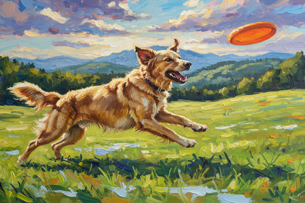 Maak een schilderij van een hond die achter een frisbee aan zit